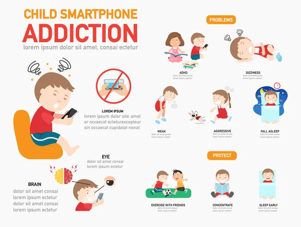 Infográfico de dependência de smartphone infantil, ilustração vetorial — Vetor de Stock