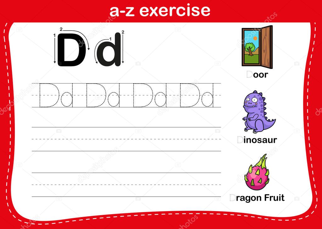 Alphabet a-z exercise with cartoon vocabulary illustration, vector