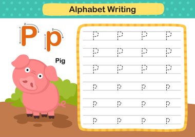 Çizgi film kelime illüstrasyonlu P-Pig harfi alıştırması.