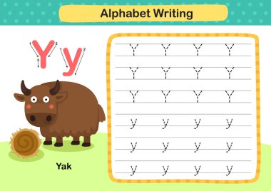 Çizgi film kelime illüstrasyonlu Y-Yak harfi alıştırması, vektör
