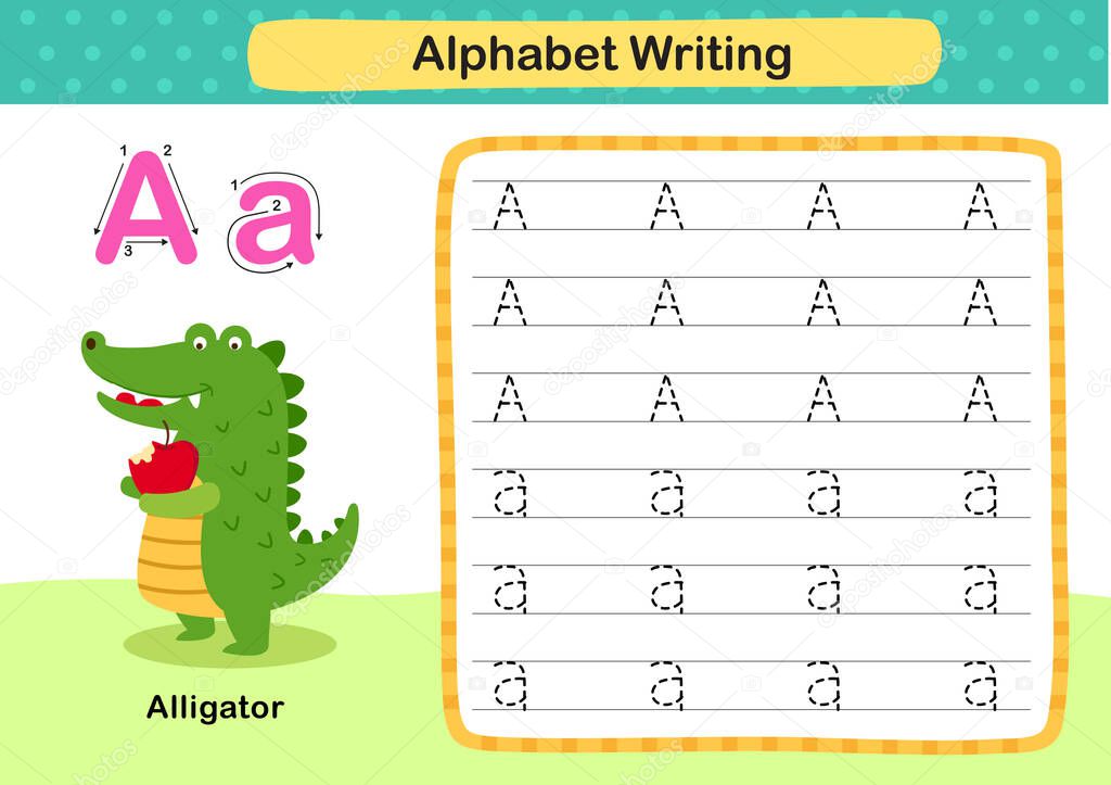 Alphabet Letter A-Alligator exercise with cartoon vocabulary illustration, vector