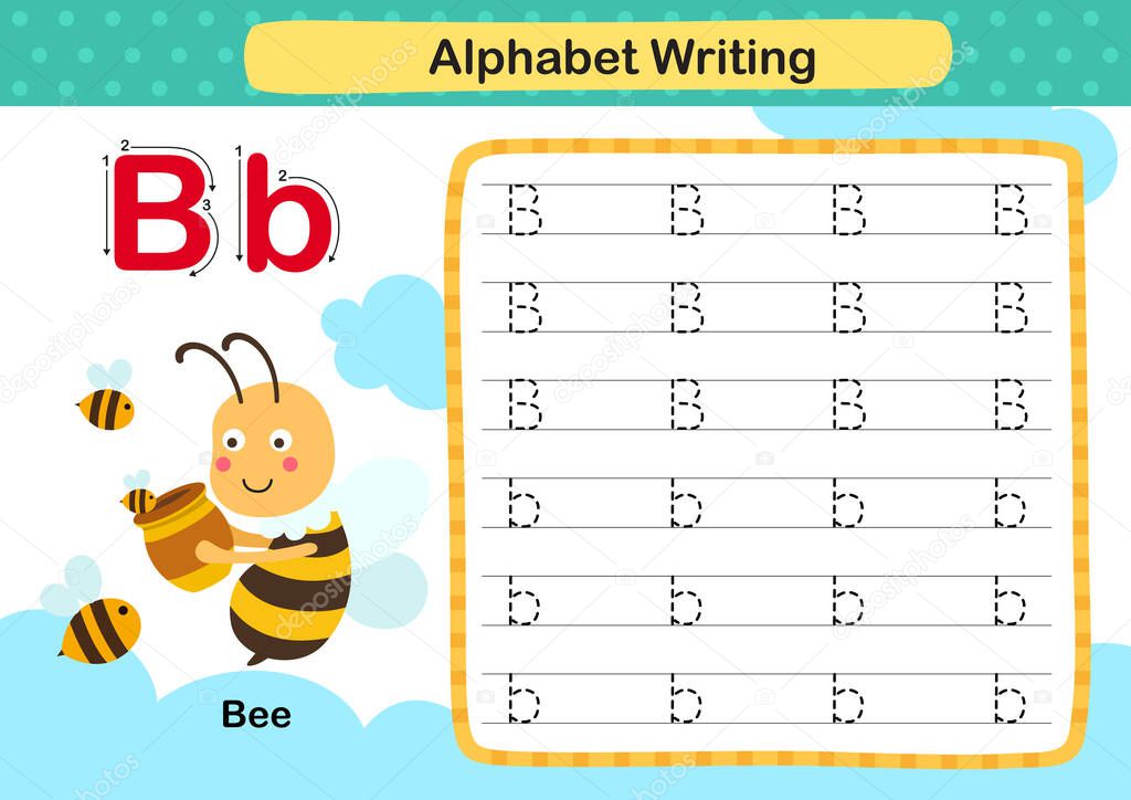 Alphabet Letter B-Bee exercise with cartoon vocabulary illustration, vector