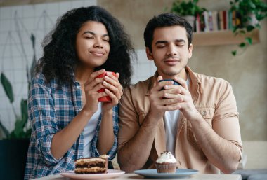 Young multiracial friends drinking coffee together, relaxing in cafe. Beautiful African American woman and attractive Indian man holding cups of tea, enjoying life. Coffee break, perfect morning concept 