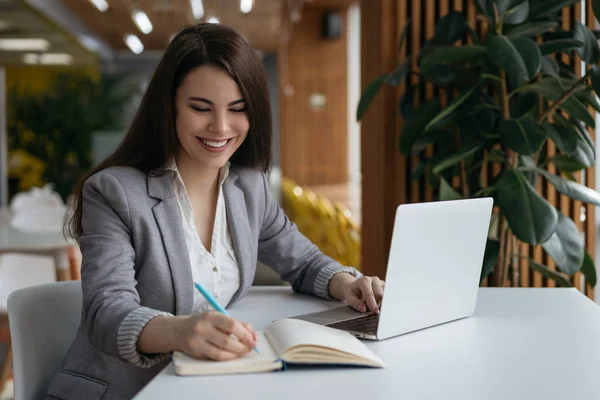 Retrato Mulher Negócios Sorrindo Bem Sucedida Que Trabalha Escritório Moderno — Fotografia de Stock