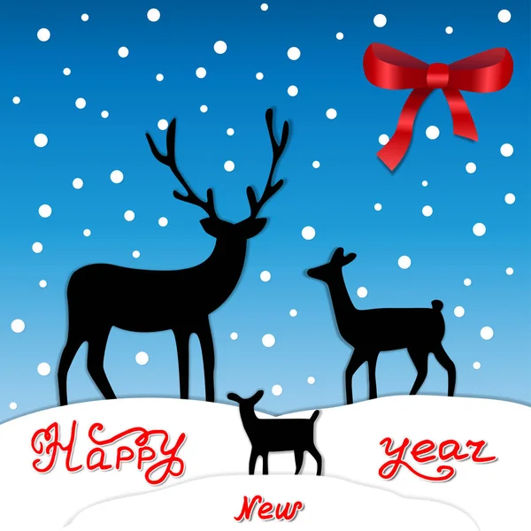 Kerst herten, familie en de kleine fawn. Vallende sneeuw op de blauwe achtergrond. Illustratie van Nieuwjaar. — Stockvector