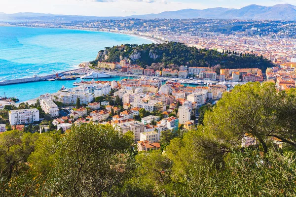 Aerial view of French Riviera coast with medieval town Villefranche sur Mer, Nice region, France. scenery panoramic aerial cityscape view of Nice, France. Landscape of harbor, port in Nice. Cote d\'Azur France. Luxury resort of French riviera