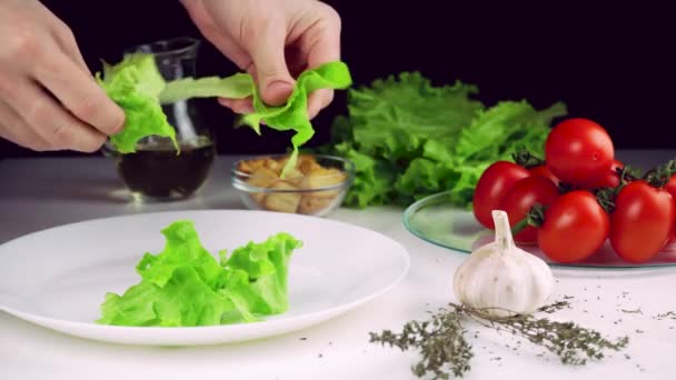 Womans Hands Chopping Salad Plate — Stock Video