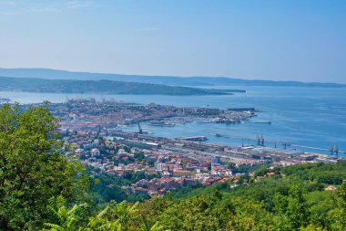 Liman ve kıyı şeridi olan Trieste şehri manzarası. Havadan bakış açısı. İtalya