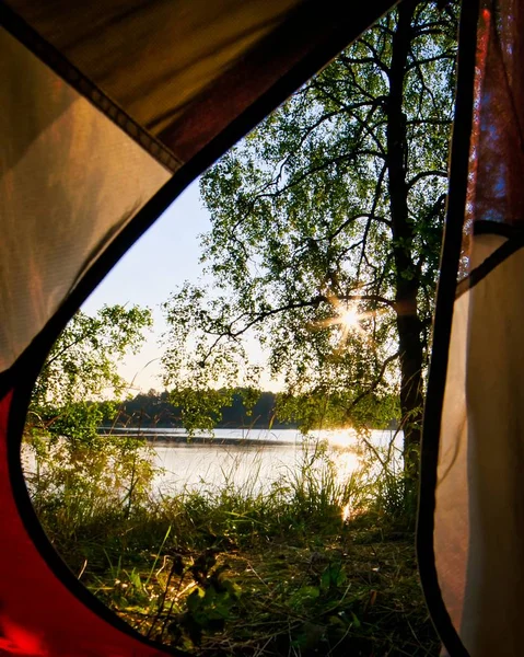 Деревня Литвы Летом Кемпинг Открытом Воздухе Вид Палатки Восходом Солнца — стоковое фото