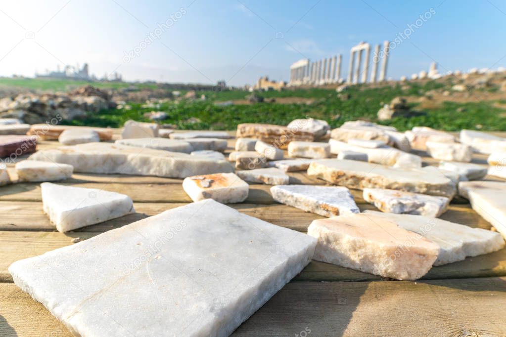 Peaces of marble laying on the table in Laodicea reconstruction site. Historical landmark in Turkey.2019.11.28