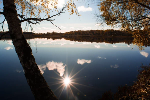 Sun reflection on the lake around yellow forest — Stock Photo, Image