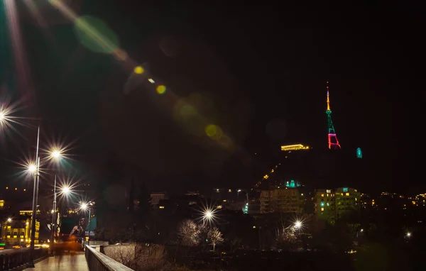 Saarbrucken Bridge Tbilisi Broadcasting Tower Night Illuminated Traditional Lithuanian Flag — Stock Photo, Image
