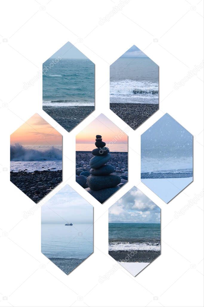 Compilation of sea shore images of changing coastal conditions on the white bacground. 2020