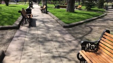 9 Nisan 'da doğa ve bankların olduğu bir park. Tiflis 'te ilkbahar. Georgia mı? 01.04.2020