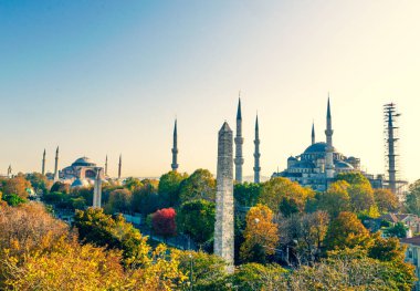 Mavi Cami 'nin sinematik manzarası, Obelisk ve Hagia Müzesi' nin duvarları. Tarihsel anıtlar ve seyahat kartpostalı İstanbul.Hindi. 2020