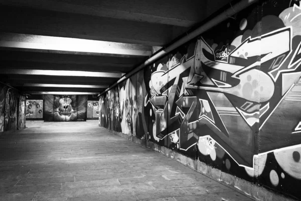Lege Ondergrondse Doorgang Onder Baratashvili Brug Met Graffitis Kunst Muren — Stockfoto
