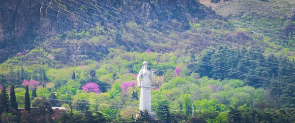Vista Panorámica Estatua Madre Georgia Con Colorida Naturaleza Primaveral Alrededor —  Fotos de Stock