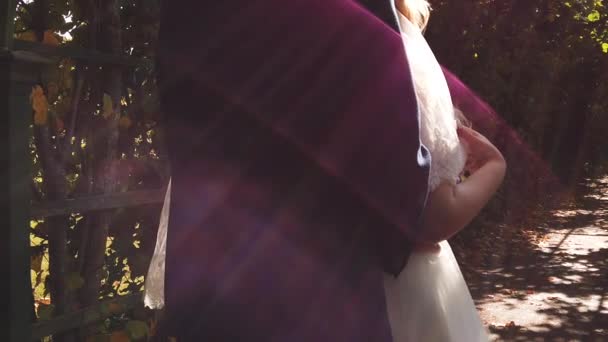Eheleute spazieren im Park vor sommerlichem Hintergrund — Stockvideo