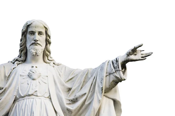 Бетонна Статуя Ісуса Розбитим Вказівним Пальцями Ізольований Білому Фоні — стокове фото