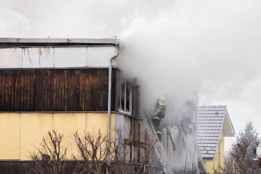 Prostejov Çek Cumhuriyeti 28 Ocak - itfaiyeciler bir pencerede bir merdiven üzerinde duman kaplı. Gerçek firefigting durum