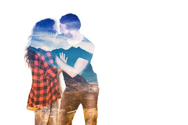 Double exposure of beautiful couple smiling and mountainscape — Stock Photo, Image