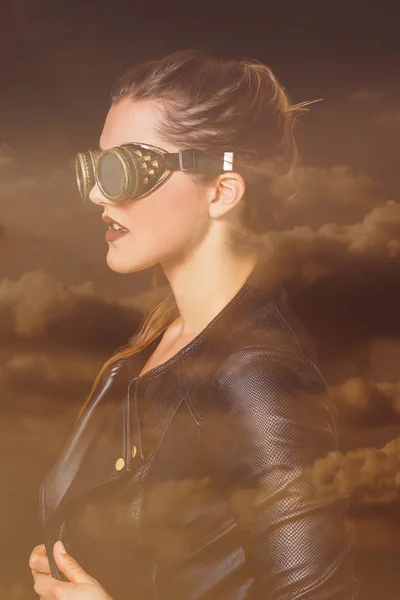 Double exposure of steampunk woman and sunset cloudscape — Stock Photo, Image