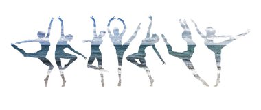 Deniz manzarası ve bale dansçıları siluet çift pozlama