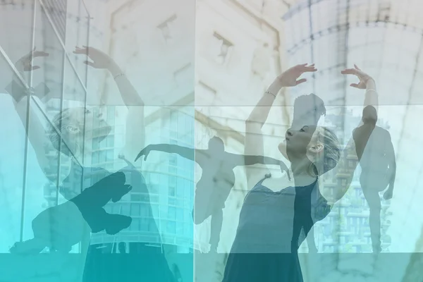 Double exposure of ballet dancer and hip hop street dancers — Stock Photo, Image