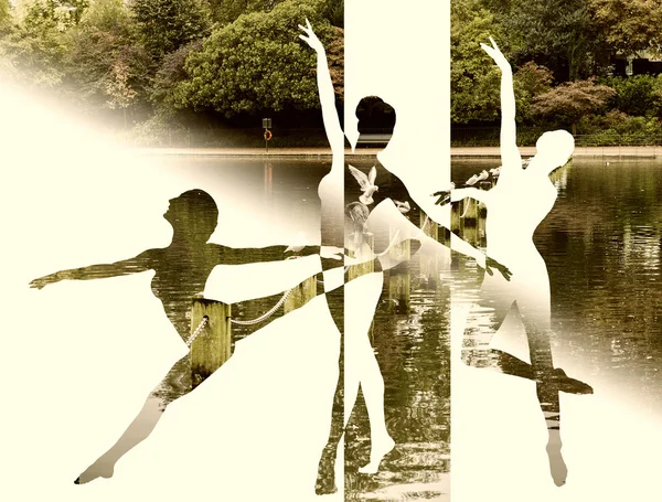 Podwójnej ekspozycji sylwetki tancerzy i jesień lakescape — Zdjęcie stockowe