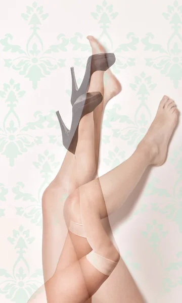 Double exposure of female legs wearing high heels and barefoot — Stock Photo, Image