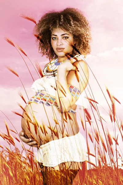 Double exposure of pretty pregnant woman and wheat field — Stock Photo, Image