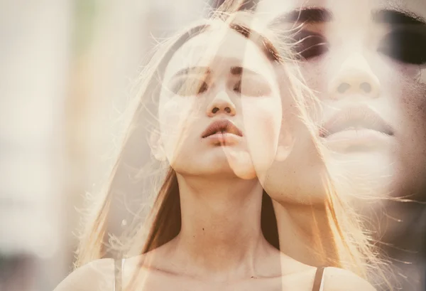Double exposure of pretty girl portrait with eyes closed — Stock Photo, Image