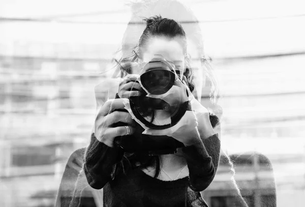 Monochrome double exposure of girl portrait taking photos — Stock Photo, Image