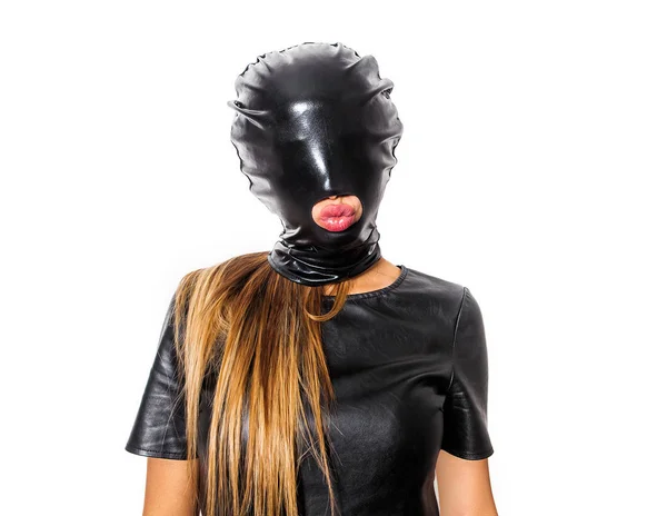 Woman portrait wearing black leather sadomasochist mask and kissing — Stock Photo, Image