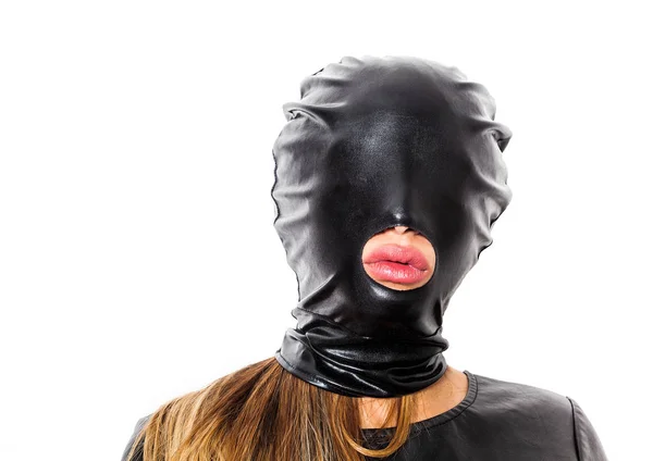 Woman portrait wearing black leather sadomasochist mask — Stock Photo, Image