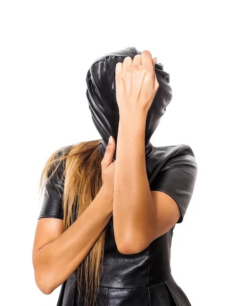 Woman portrait wearing sadomasochist mask and hiding — Stock Photo, Image