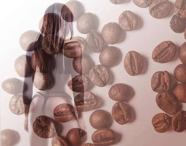 Double exposure of african model back portrait and coffee beans — Stock Photo, Image