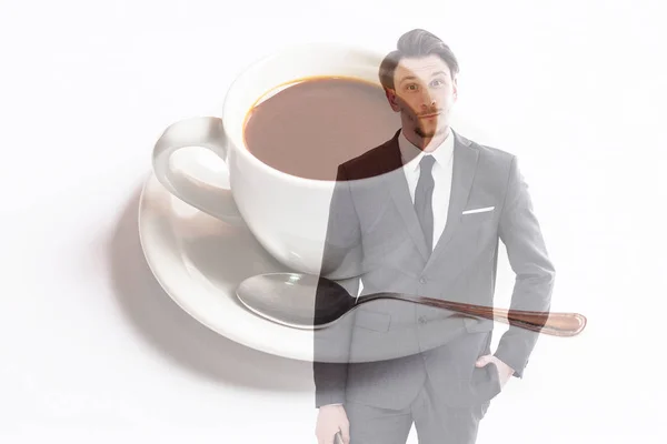 Double exposure of businessman smiling and cup of coffee — Stock Photo, Image
