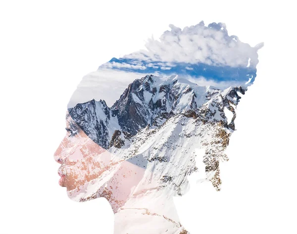 Dupla exposição da menina com tranças perfil retrato e paisagem montanhosa — Fotografia de Stock