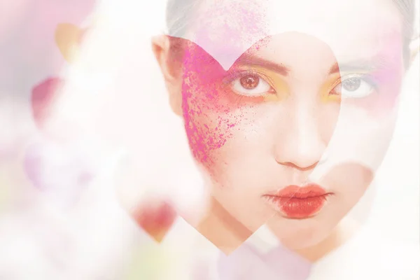 Double exposure of girl with colorful makeup and paper hearts — Stock Photo, Image