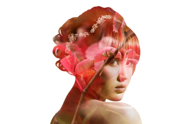 Double exposure of gorgeous woman portrait and red leaves — Stock Photo, Image