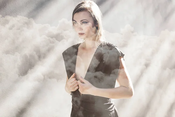 Double exposure of gorgeous woman portrait walking and cloudscape — Stock Photo, Image