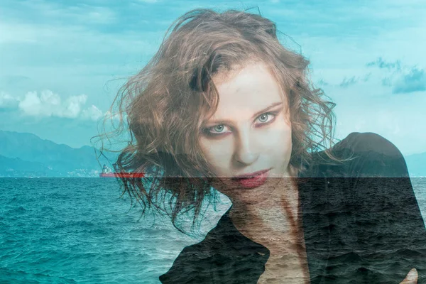 Double exposure of pretty girl and seascape with red ship — Stock Photo, Image