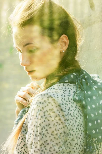 Double exposure of pretty girl portrait and green abstract background — Stock Photo, Image