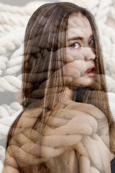 Double exposure of gorgeous girl portrait looking back and rope — Stock Photo, Image