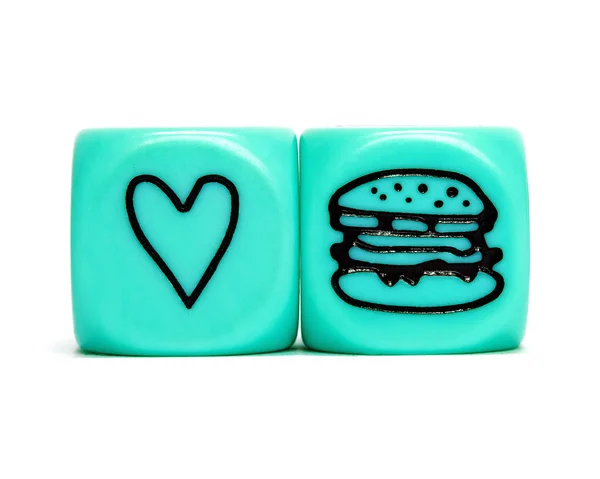 Turquoise conceptual dices - Love hamburgers and fast food restaurants — Stock Photo, Image
