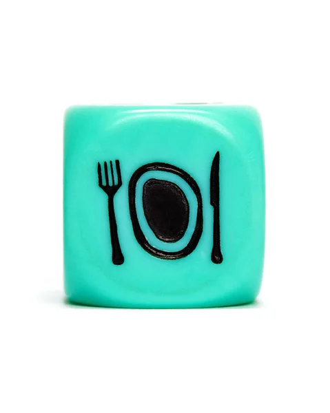 Turquoise dice depicting cutlery and steak — Stock Photo, Image
