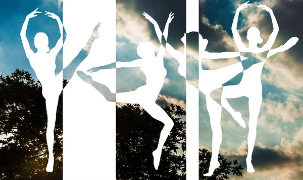 Διπλή έκθεση του μπαλέτου χορευτής σιλουέτες και όμορφο ουρανό — Φωτογραφία Αρχείου