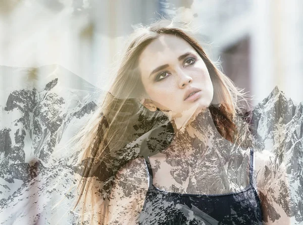 Double exposure of beautiful girl outdoor portrait and snowy mountains — Stock Photo, Image