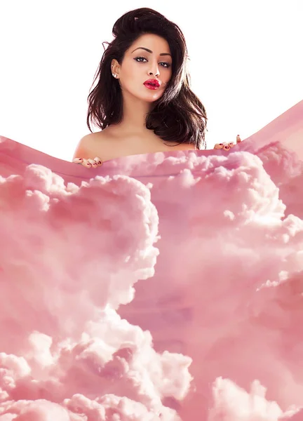 Double exposure of gorgeous woman portrait hiding behind cloudscape cloth — Stock Photo, Image